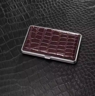Cigarette Case Metal - Small Medium Size - Burgundy Crocodile Leatherette Finish