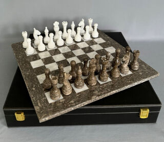 Marble Chess Set - Fossil and White on 12 inch Board - with Black Case