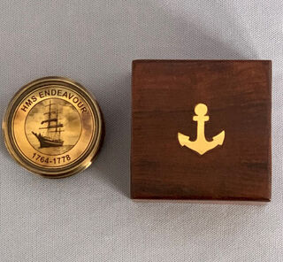 HMS Endeavour Brass Replica Compass in a Wooden Box