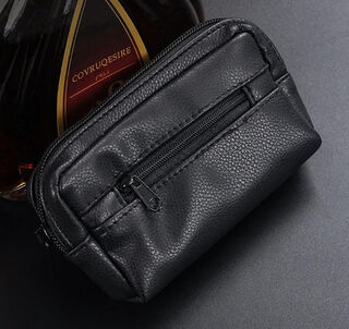 Tobacco Pouch Black Genuine Leather, Lined and Zippered
