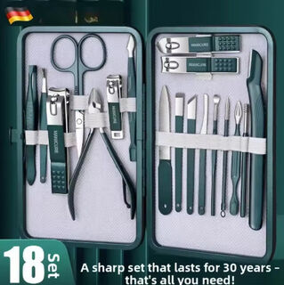 Manicure Set German in Green in Snap Shut Case (18 Piece)