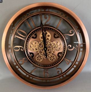 Wall Clock Copper with Copper Gears and Arabic Cutout Numerals (46 cm Diameter)